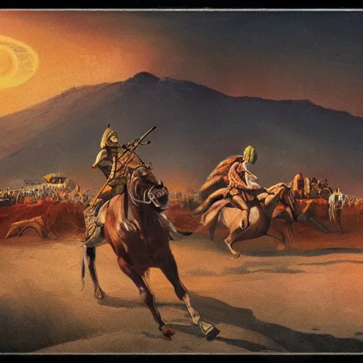 Image similar to indoaryan nomads riding horses across steppe, on alien planet, science fiction, pulp illustration