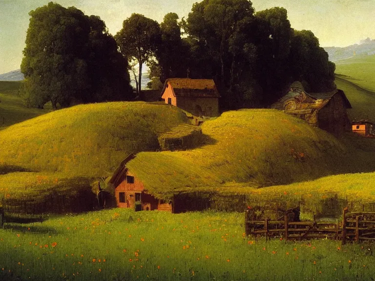 Prompt: an oil painting of a small farm in a vivid meadow on a beautiful morning by beksinski carl spitzweg and tuomas korpi. baroque elements, full-length view. baroque element. intricate artwork by caravaggio. Trending on artstation. 8k