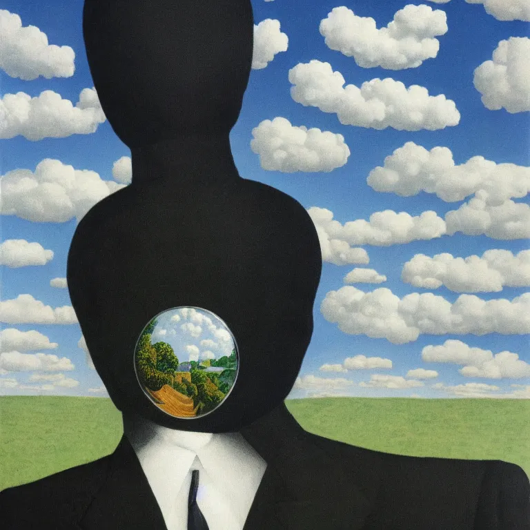 Image similar to portrait of a faceless detailed reflective chrome - head man in a suit and black gloves, clouds and nature landscape in the background, by rene magritte, very highly detailed painting, distance, centered, hd, hq, high resolution, high detail, beautiful, 4 k, 8 k