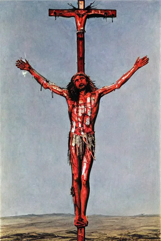 Image similar to bloody christ crucified and some bright ufo in the sky painted by cy twombly and andy warhol