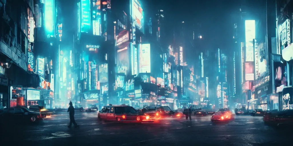 Image similar to city streets, neon signs, giant screens, eerie fog, blade runner, ex machina