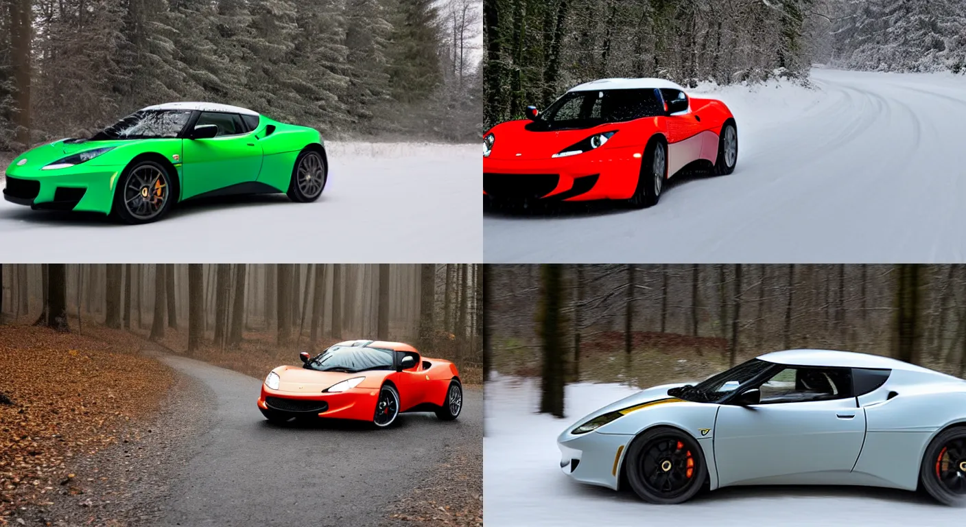 Prompt: a 2 0 0 9 lotus evora, racing through a rally stage in a snowy forest