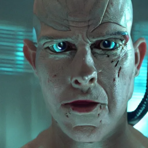 Image similar to movie still of a villain cyborg, facial expression, cinematic composition, cinematic light, by edgar wright and david lynch,