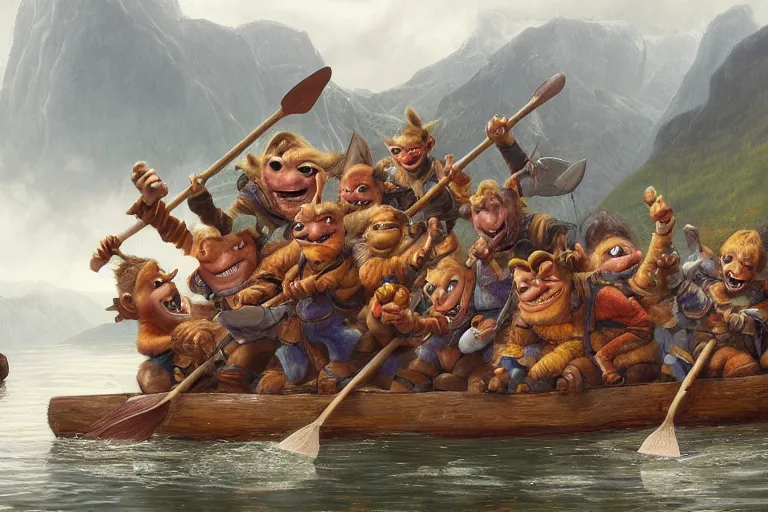 Prompt: a group of goblins paddling on a raft in a norwegian fjord by justin gerard by tyler edlin