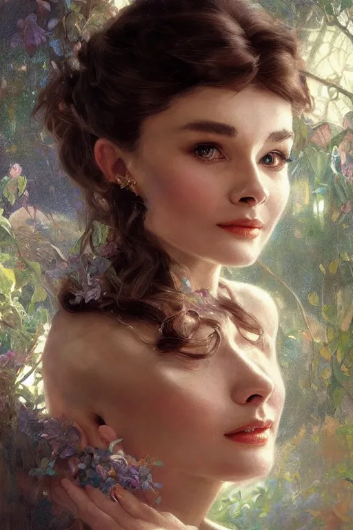 Prompt: young Audrey Hepburn portrait, fantasy, elegant, intricate, delicate, by Stanley Artgerm Lau, greg rutkowski, thomas kindkade, alphonse mucha, loish, norman Rockwell