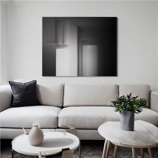 Prompt: modern living room, blank 2 4 inch x 2 4 inch canvas over couch, professional photo