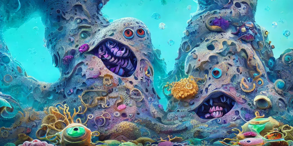 Image similar to of an intricate sea reef with strange cute friendly happy creatures with huge eyes, mouth, long tongue, round teeth and goofy face, appearing from the background, in the style of gehry and gaudi, macro lens, shallow depth of field, ultra detailed, digital painting, trending artstation, concept art, illustration, cinematic lighting, photorealism, epic, octane render