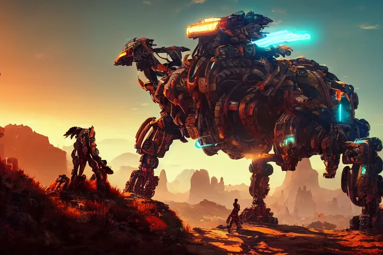 Image similar to rockbreaker machine mecanical creature robot of horizon forbidden west horizon zero dawn radiating a glowing aura global illumination ray tracing hdr fanart arstation by ian pesty and alena aenami artworks in 4 k