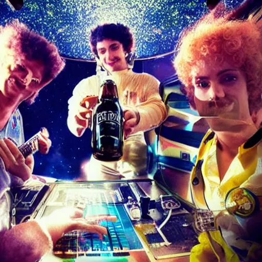 Image similar to a crew of moonwalkers traveling through space drinking beer and making music, hyper realistic, photo realistic, 8k wide angle, space,