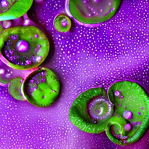 Image similar to nature shot of alien jungle fruit covered in dew drops floating atop shimmering waters, looming milky purple mist in the background, vines, tendrils, lotus style and shape in tilt shift, low angle by kazuya takahashi