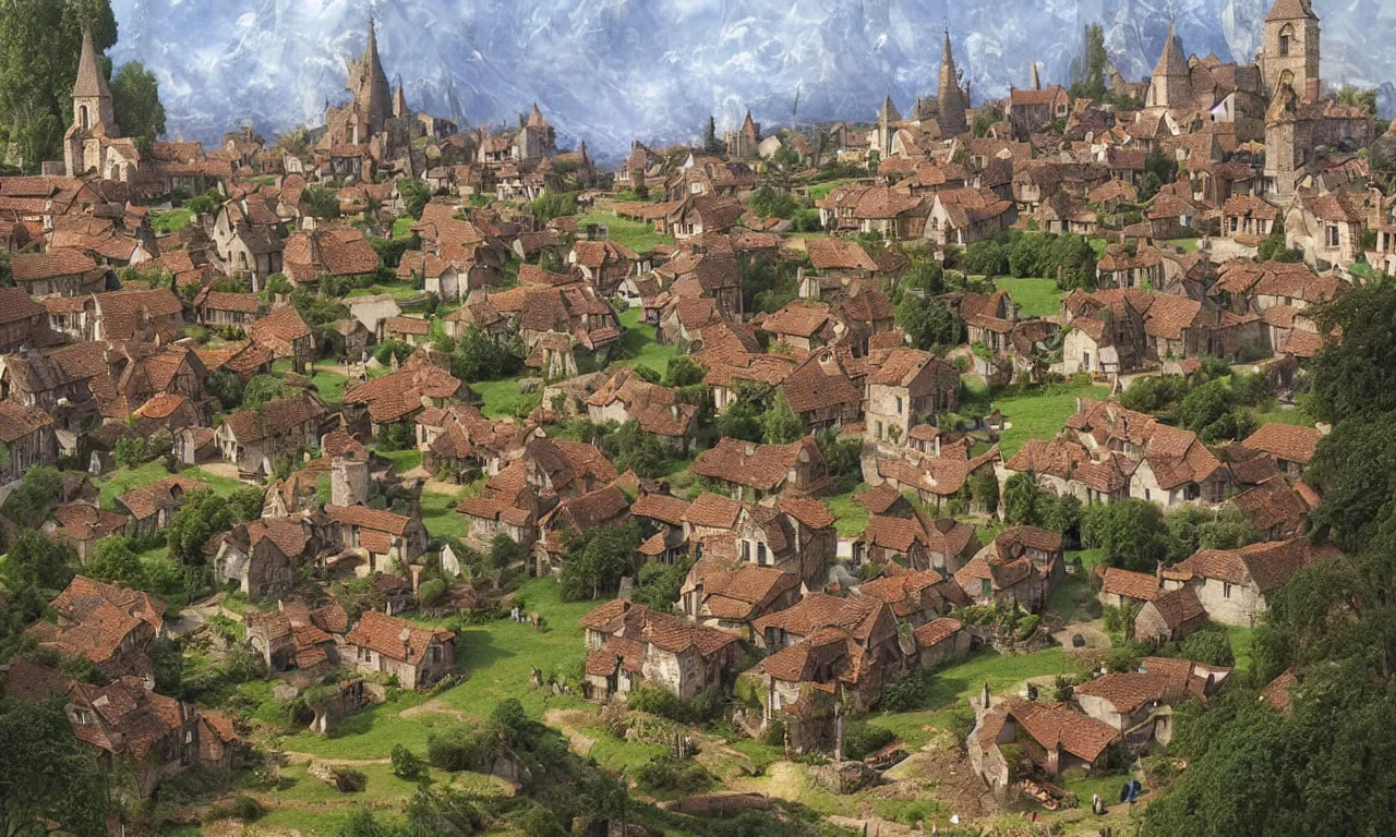Prompt: beautiful medieval village with a few houses and farms, digital art by James Gurney and John Howe and Alan Lee