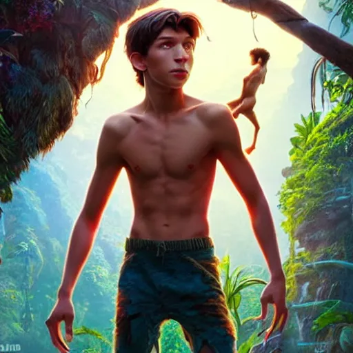 Prompt: skinny young tom holland as mowgli from the jungle book, dynamic lighting, path traced, atmospheric, highly detailed, high quality, beautiful painting, octane render, don bluth, ross tran, studio ghibli, alphonse mucha, jama jurabaev, extremely detailed, brush strokes, artstation, artgerm