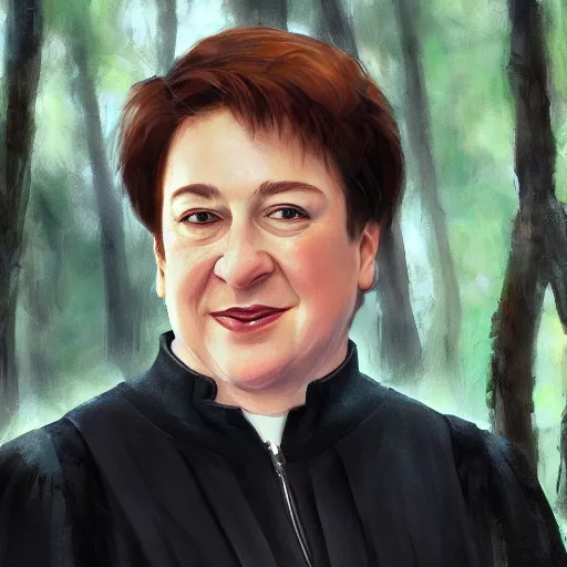 Image similar to close - up shot of supreme court justice elena kagan going for a walk in the woods, digital art by ruan jia and mandy jurgens and artgerm, realistic face, highly detailed, trending on artstation, award winning