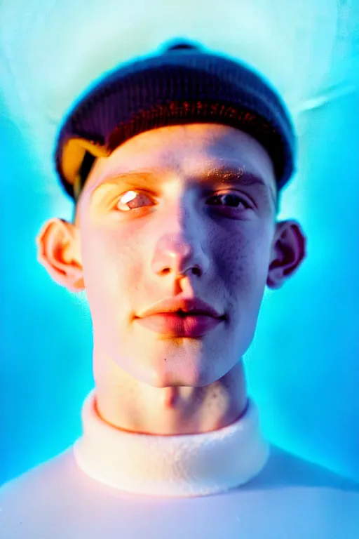 Image similar to high quality pastel coloured film mid angle portrait photograph of a beautiful young 2 0 year old male, soft features, short hair, perspex space visor and oversized inflated clothing!!!! icelandic black! rock pool environment. atmospheric three point light. photographic. art directed. ( pastel colours ). volumetric. clearcoat. waves. 8 k. filmic.