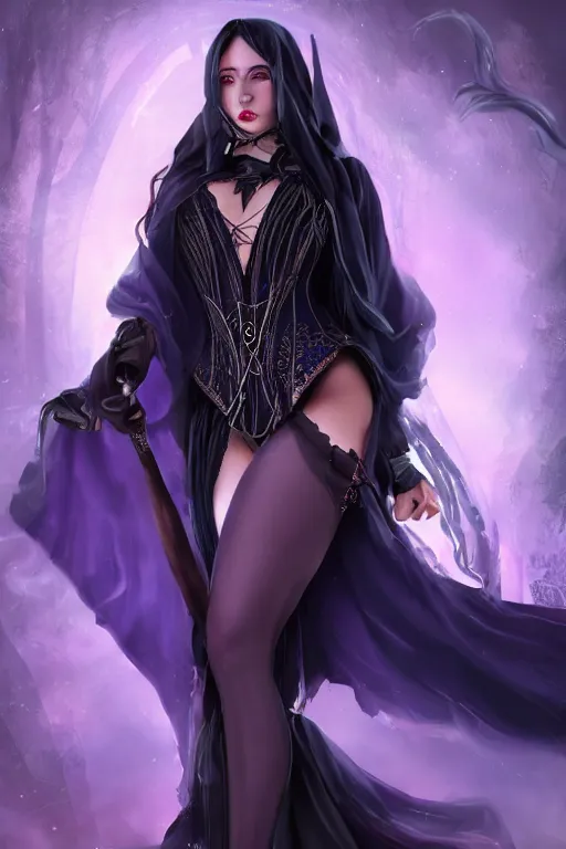 Image similar to Pretty Sorceress, wearing Black and purple robes, Dark blue hair, magic wooden staff, fully covered, corset, Epic fantasy, romantic lead, pretty face, trending by artstation, artstationhd, artstationhq, matte painting, 8k UHD