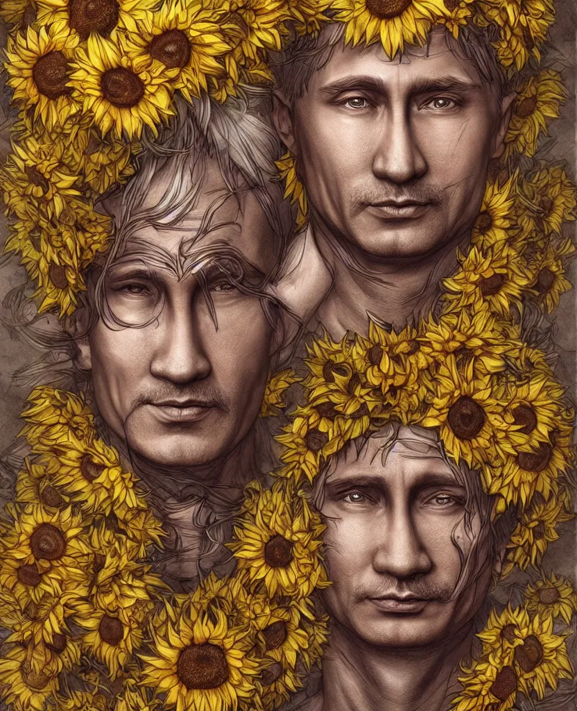 Image similar to digital art, centered full body of Putin smiling king, Sunflower crown, ,intricate, veins, by James Jean and by artgerm , by ross tran ultradetailed, charachter design, concept art, trending on artstation,