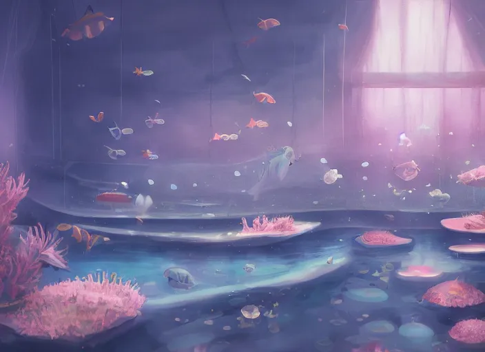 Image similar to placid pastel morning cozy moody cluttered painterly fluffy tiny cramped aquatic pet store, lots of aquariums, slanted ceiling, tiny space, particulate, trending on pixiv