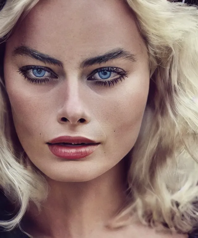 Prompt: a color photograph of margot robbie, by annie leibovitz, platinum blond, intense, bold, exaggerated, ultra sharp, extra details, ultra high quality, trending on pinteresst