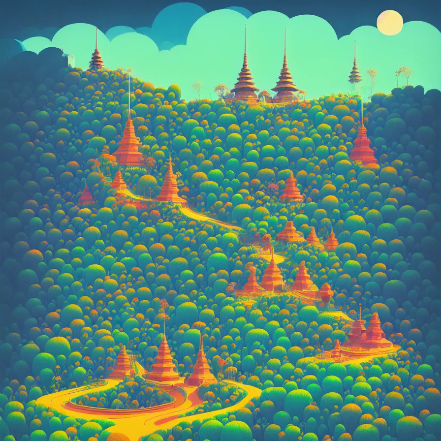 Image similar to ( ( ( gediminas pranckevicius ) ) ), wat bukit perak, summer morning, very coherent and colorful high contrast art by james gilleard floralpunk screen printing woodblock, dark shadows, pastel color, hard lighting