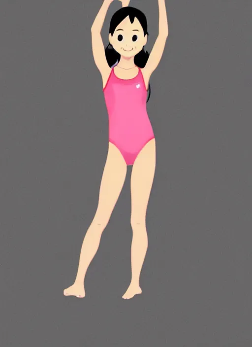 Image similar to a perfect professional digital sketch of a funny and cute Japanese young woman wearing one-piece sport swimsuit leotard, in style of Disney Pixar, CalArts