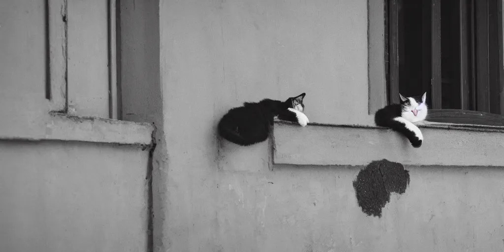 Prompt: black and white cat laying on the balcony, summer