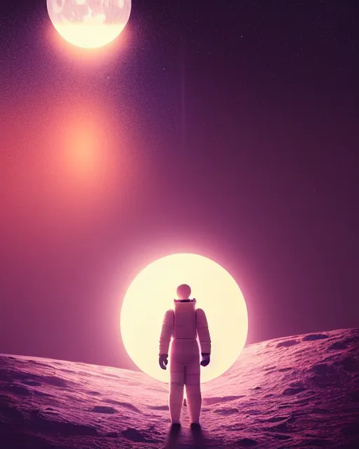 Image similar to a common person standing in front of a glowing open door that's on the moon, poster art by mike winkelmann, trending on cg society, space art, sci - fi, ue 5, futuristic, volumetric lighting