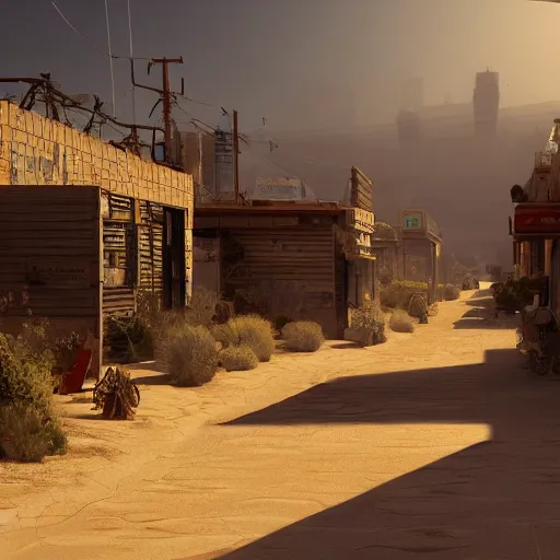 Image similar to A street view of a small desert town, 4k, artstation, cgsociety, cinematic lighting