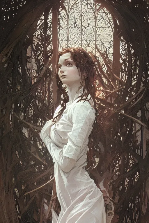 Image similar to beautiful natural coy cottagecore demonic gothic maiden, master drawing, intricate, elegant, highly detailed, digital painting, artstation, concept art, smooth, sharp focus, illustration, art alphonse mucha and james gurney and craig mullins and wlop