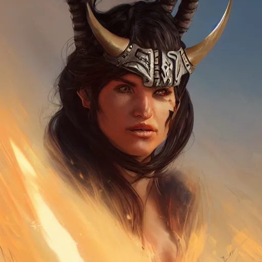 Prompt: portrait of a strong angry female berber tiefling barbarian with devil horns and black hair in a ponytail wearing a steel chestplate in a desert, fantasy, highly detailed, digital painting, artstation, concept art, character art, art by greg rutkowski and tyler jacobson and alphonse mucha