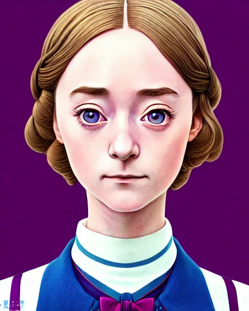 Image similar to portrait Anime as saoirse ronan grand budapest hotel girl cute-fine-face, brown-blond-hair pretty face, realistically shaded, Perfect face, fine details. Anime. grand budapest hotel, realistic shaded lighting by Ilya Kuvshinov, katsuhiro otomo, ghost-in-the-shell, magali villeneuve, artgerm, rutkowski, WLOP Jeremy Lipkin, Giuseppe Dangelico Pino, Michael Garmash, Rob Rey