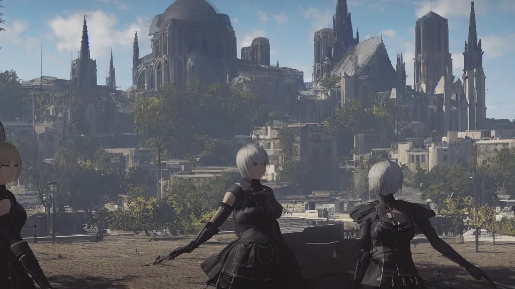 Prompt: Screenshot from Nier Automata in Marseille. In the background there is Notre-Dame de la Garde