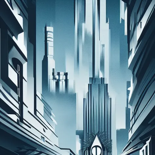 Prompt: an unlikely unrealistic city between two mountains, digital painting masterpiece, scary landscape, gorgeous art deco architecture, stylish, cinematic, film