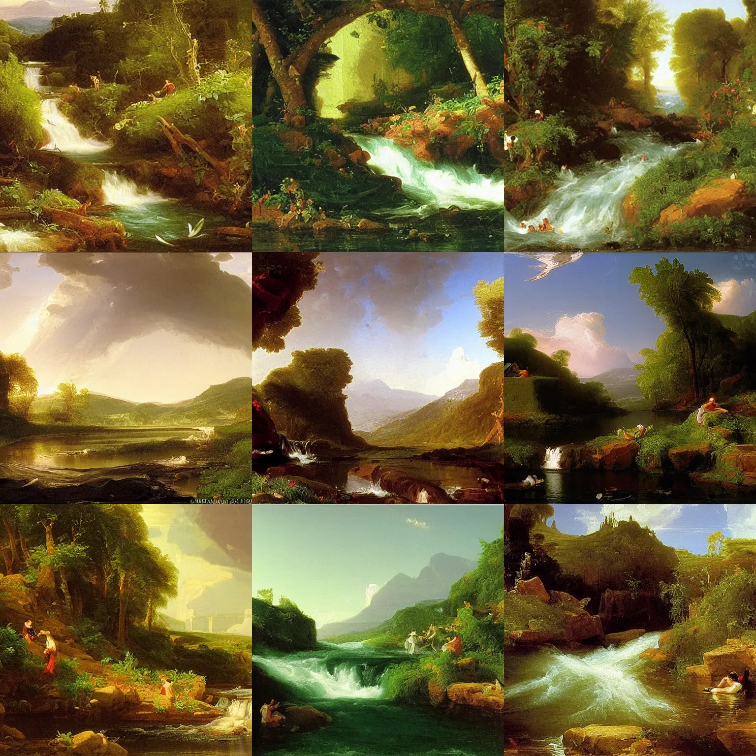 Prompt: the stream is a metaphor for life. it is always moving forward, even though it may meander. an oil painting by thomas cole