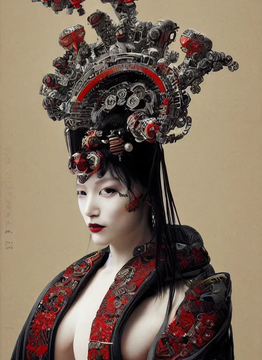 Image similar to portrait of a sensual cyberpunk geisha cyborg with headpiece, imari, modern fine art, fractal, in the style of ghosts in the shell, intricate ornaments, elegant, highly detailed, digital photography, subsurface scattering, by jheronimus bosch and greg rutkowski,