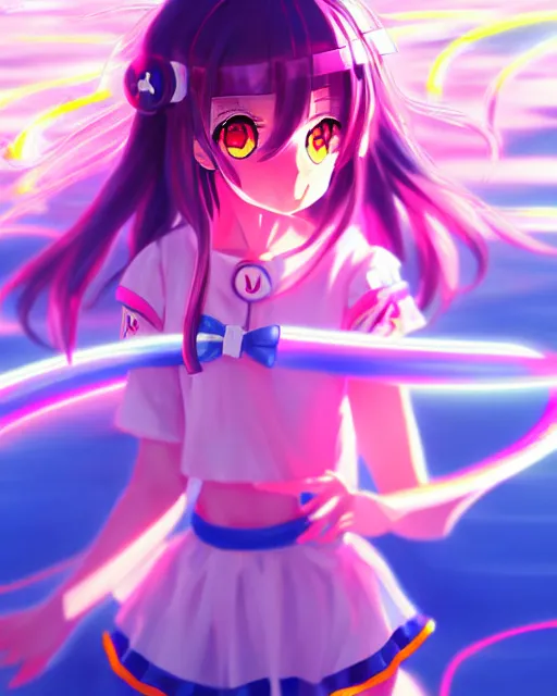 Image similar to anime style, vivid, expressive, full body, 4 k, painting, a cute magical girl with a long wavy hair wearing a sailor outfit, correct proportions, stunning, realistic light and shadow effects, neon lights, studio ghibly makoto shinkai yuji yamaguchi