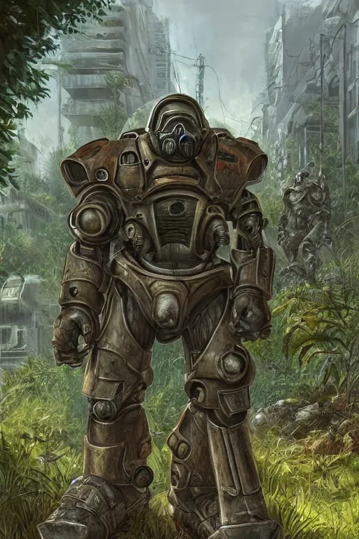 Prompt: Power armor enclave from Fallout 2 stands on a street overgrown with plants, high detail, digital painting, artstation, concept art, smooth, clear focus, illustrations, realism,