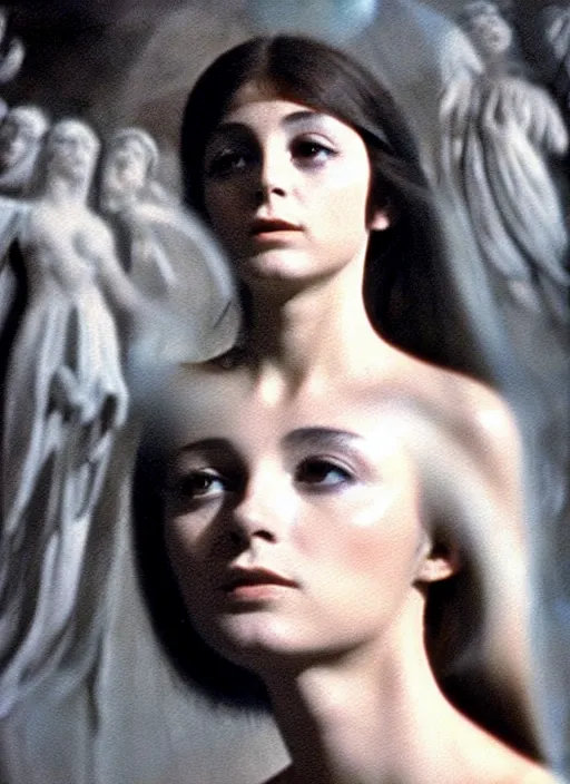 Image similar to 1971 film still from an Italian drama film of a young French actress as the goddess of razor blades. ultra detailed painting at 16K resolution and amazingly epic visuals. epically beautiful image. amazing effect, image looks gorgeously crisp as far as it's visual fidelity goes, absolutely outstanding. vivid clarity. ultra. iridescent. mind-breaking. mega-beautiful pencil shadowing. beautiful face. Ultra High Definition. godly shading. amazingly crisp sharpness. photorealistic film cel processed twice..