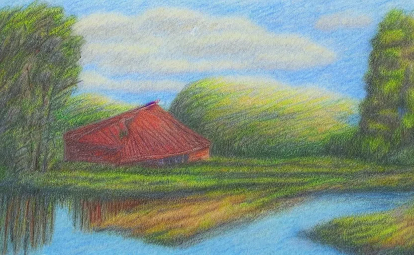 Image similar to a color pencil sketch of a serene landscape with a singular building near a river, cute, natural lighting, high quality, highly detailed, drawing, realistic, godrays, complementary colors, beautiful, concept art