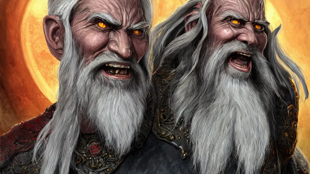 Image similar to bright, colorful, realistic, detailed from Elder Scrolls: Shivering isles concept art of The Mad God Sheogorath with a madsmile, combed white short beard and slicked back white hair backlighting, kodachrome, high contrast, highly detailed, sharp focus, digital painting, concept art, illustration, trending on artstation, comic book by Alex Ross and Adam Adamowicz cover art