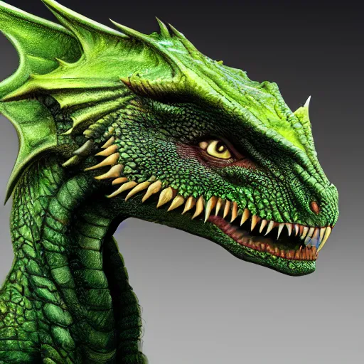 Image similar to realistic, portrait, painting, large green dragon, kodachrome, cgi, hd, detailed, dungeons and dragons