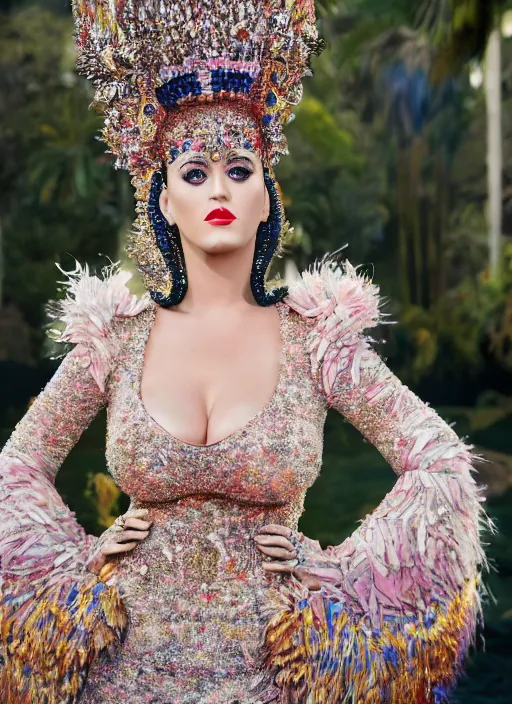 Prompt: katy perry styled by nick knight posing, full body shot, intricate headpiece, vogue magazine, canon, highly realistic. high resolution. highly detailed. dramatic. 8 k. 4 k.