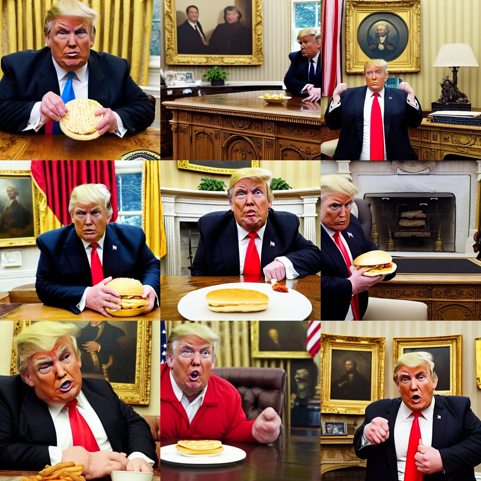 Prompt: morbidly obese donald trump eating a big mac in the oval office