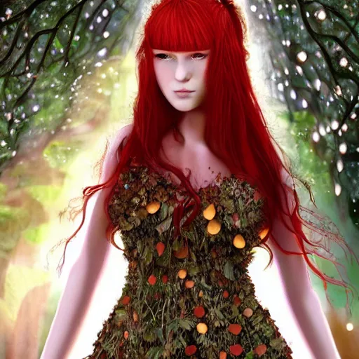 Image similar to Girl, long red hair, short bangs, in a beautiful skirt made of leaves with dewdrops on them, clothes, tiny mushrooms and forest on a dress, mushrooms decoration on the dress, on the background of a magickal forest, Designer clothes, vouge photo, fashion style, fullbody, in full growth, intricate, elegant, highly detailed, artstation, concept art, smooth, sharp focus, illustration, art by greg rutkowski and orientalism and bouguereau and Zdzislaw Beksinski, good clear quality, lighting, biology, symmetrical artwork, perfect face, 135 mm, cinematic, hyper realism, high detail, octane render, 8k, chrome accents