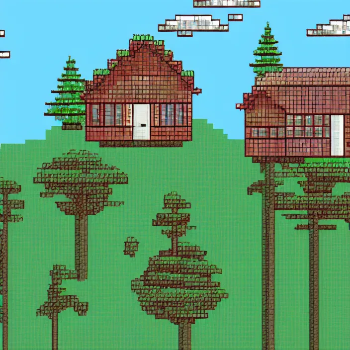 Image similar to a building in a serene landscape, pixel art