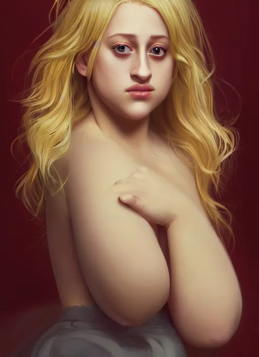 Image similar to full body portrait, teenage lili reinhart, blonde hair, obese, bangs, ponytail, sultry, realistic, sultry smirk, fluffy bangs, curly bangs, fat, belly, intricate, elegant, highly detailed, digital painting, artstation, concept art, smooth, sharp focus, illustration, art by wlop, mars ravelo and greg rutkowski