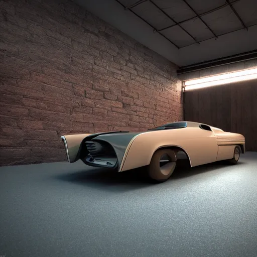 Image similar to Mid-century modern futuristic car, wooden material, old brick road, leather interior, led floodlights, rendered in octane, keyshot, cgsociety, artstation, cinematic lighting