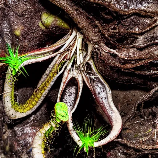 Image similar to a carnivorous plant with alligator jaw and teeth, photo of a plant growing showing its roots underground, plant photography