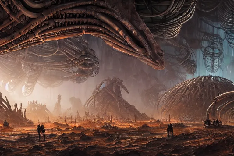 Prompt: Epic science fiction cavescape. In the foreground is soldiers in battle-armor searching, in the background alien machinery and alien eggs. The skeleton of a gigantic alien machine creature is between them. Stunning lighting, sharp focus, extremely detailed intricate painting inspired by H.R. Giger and Simon Stalenhag