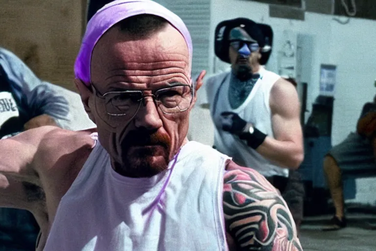 Image similar to walter white as a white gang member wearing a purple head covering made from a polyester or nylon material and a stained white tank top beating up his opponent gustavo fring in the streets of chicago, arms covered in gang tattoo, paparazzi, leaked footage, uncomfortable, bad quality