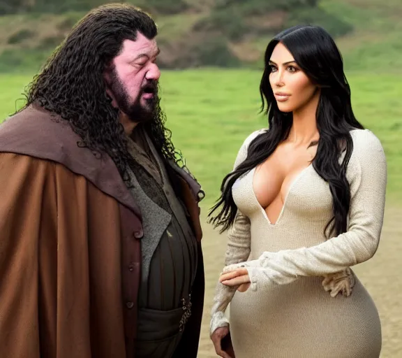 Image similar to a movie still of kim kardashian speaking to hagrid in the movie harry potter